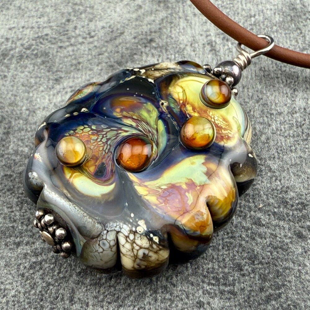Unique Lampwork Swirl Art Glass Pendant Focal Droplets Bead Necklace Silver 1.2"